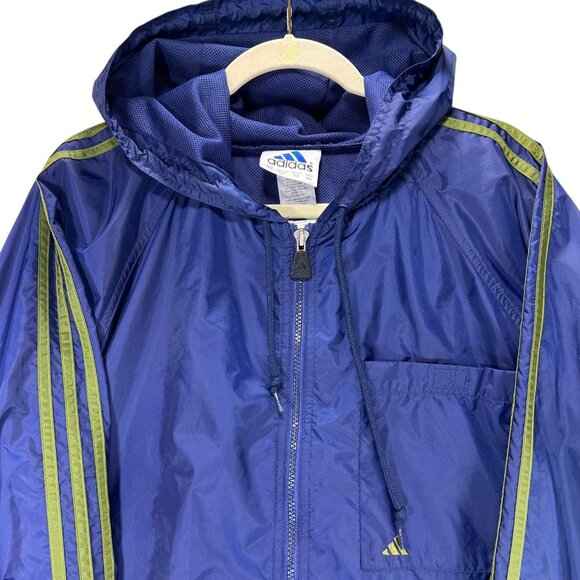 Adidas XL Blue Hooded Windbreaker Jacket Lime Green Stripes Vented Pockets Logo - Picture 4 of 15
